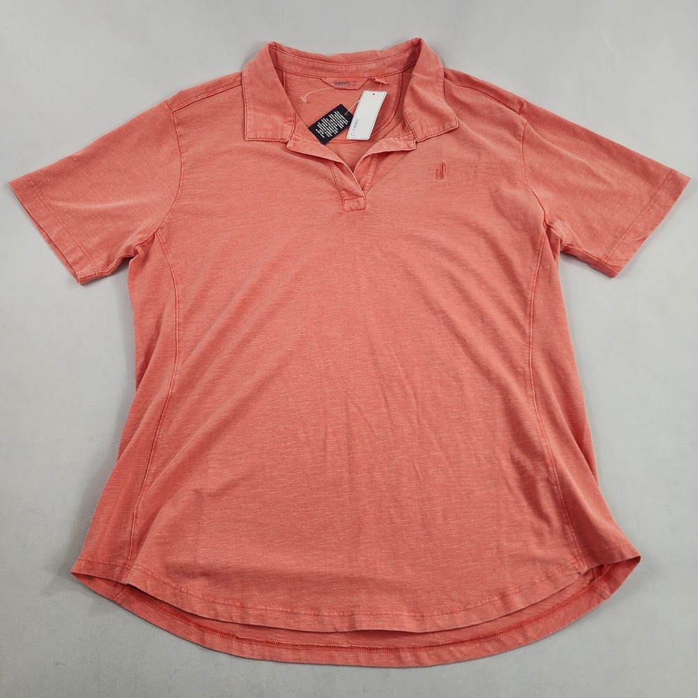 Johnnie-O polo tee t-shirt L Large hot coral red cotton stretch logo $85 womens